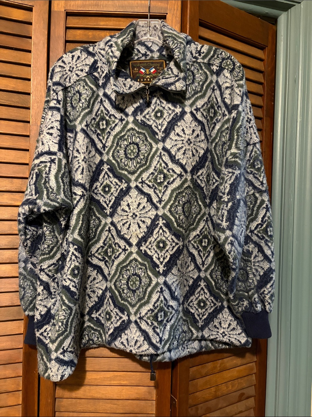 Vintage French Country Express Quarter-Zip Pullover Shirt - Navy & Green Pattern